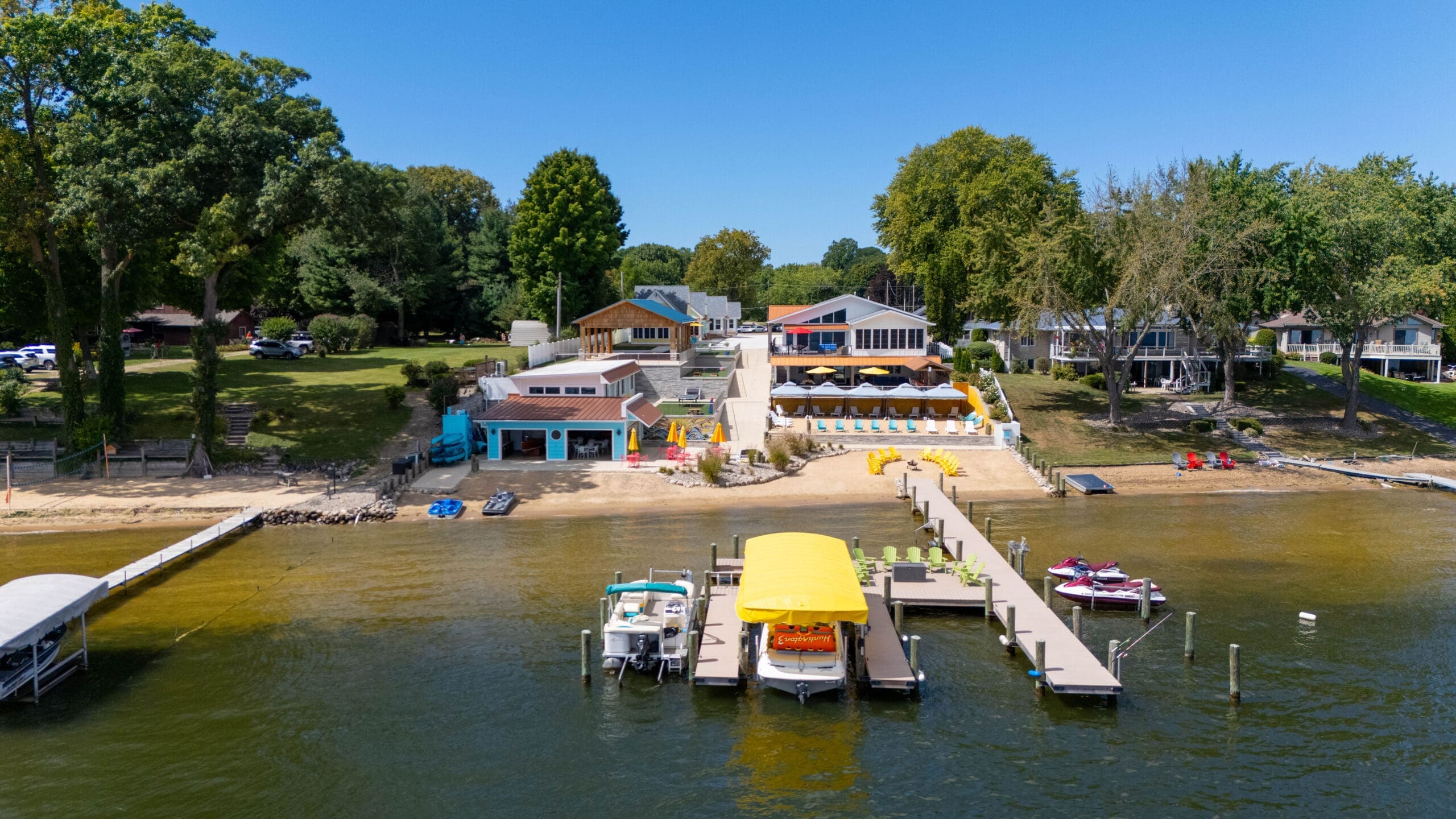 Drone photo of Shick's Lakeside Resort from the lake view